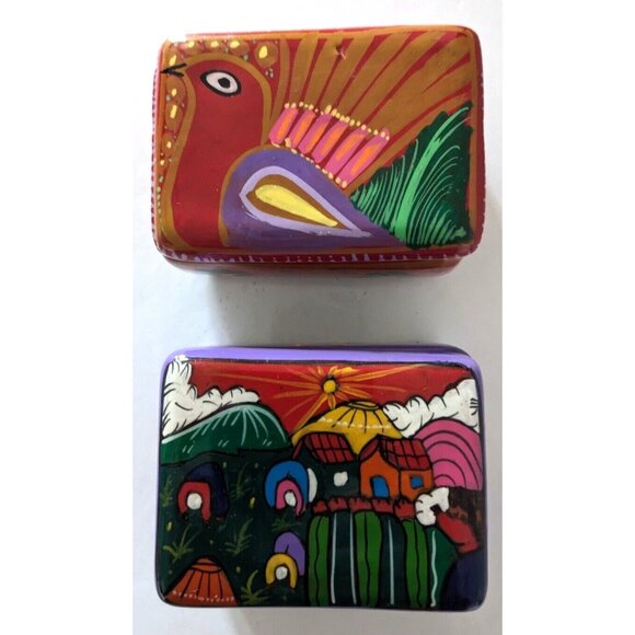 Lot Of 2 Folk Art Pottery Trinket Boxes Tonala Mexico Handmade Terracotta 3.5 in - Picture 3 of 8
